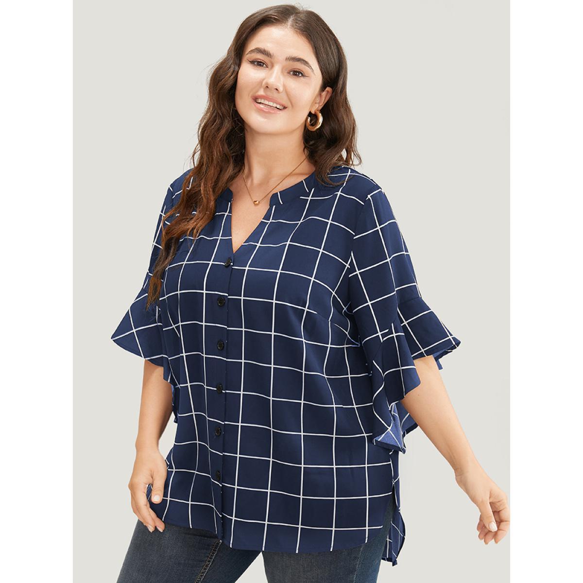 Plus Size Blue Plaid Notched Button Up Ruffle Sleeve Split Hem Blouse Women Office Elbow-length sleeve Notched collar Work Blouses BloomChic 30/6X Product Image