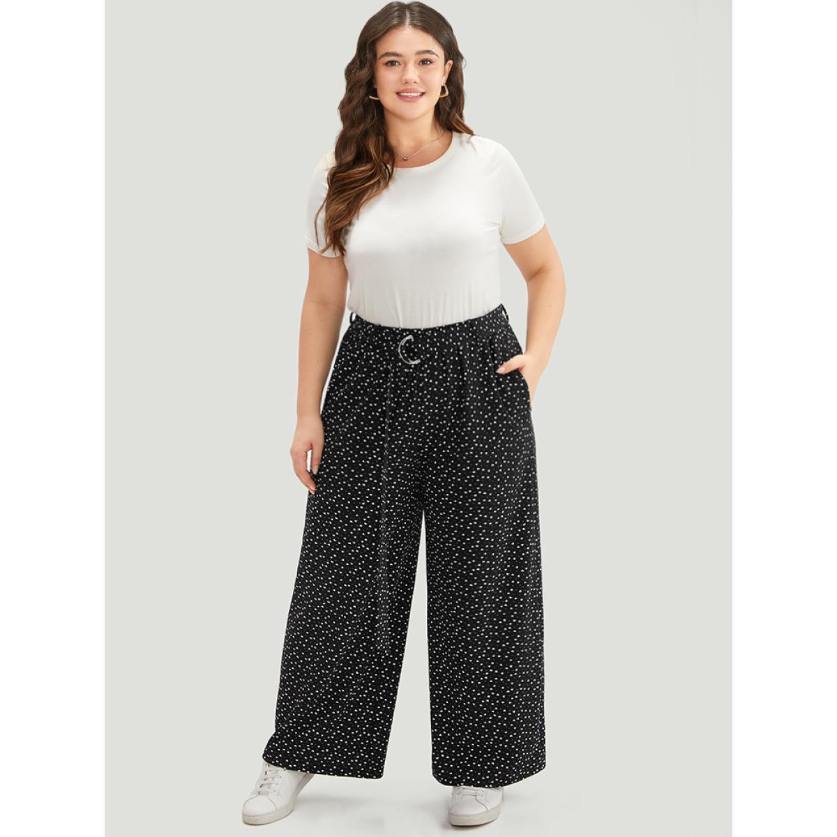 Plus Size Polka Dot Belted Metal Detail Pants Women Black Casual Wide Leg High Rise Dailywear Pants BloomChic 12/L Product Image