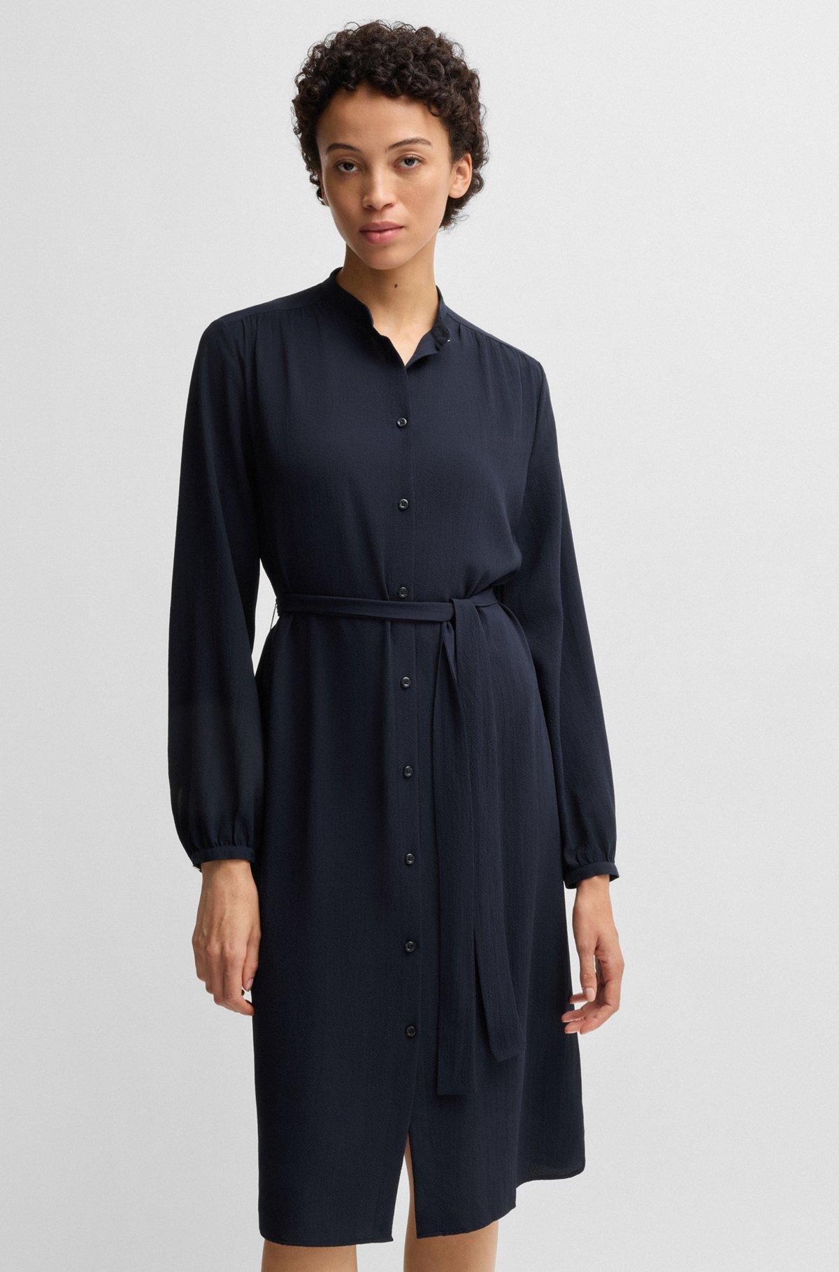 Belted shirt dress in crepe Georgette with stand collar Product Image