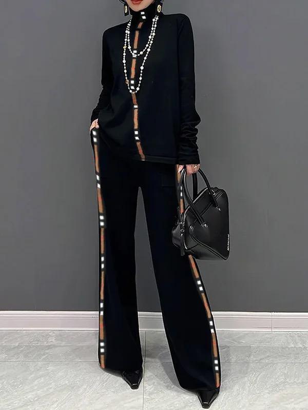 Long Sleeves Loose Contrast Color Printed High Neck T-Shirts Tops Product Image