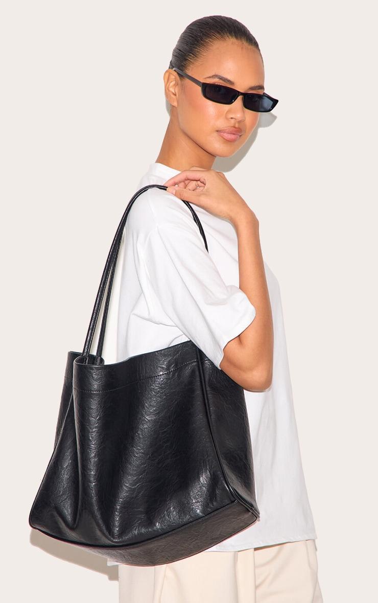 Black Crinkle Boxy Tote Bag Set Of Two Product Image