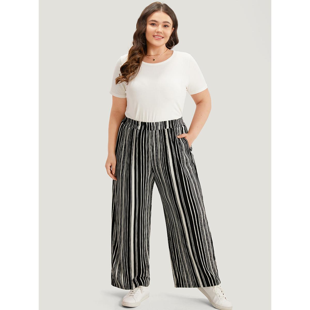Plus Size Striped Elastic Waist Pocket Loose Pants Women Black Casual Wide Leg High Rise Dailywear Pants BloomChic 26/4X Product Image