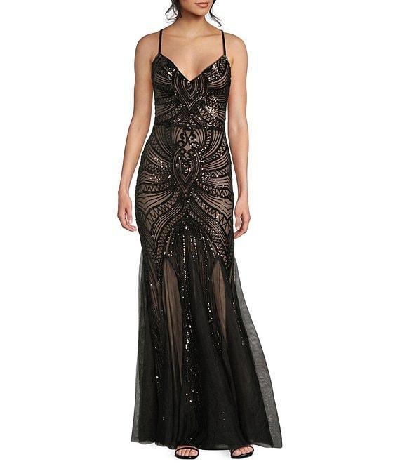 B. Darlin Sequin Pattern V-Neck Spaghetti Strap Lace Up Back Dress Product Image