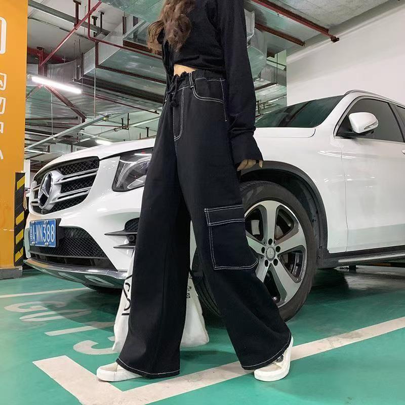 High Waist Contrast Stitched Wide Leg Cargo Jeans Product Image