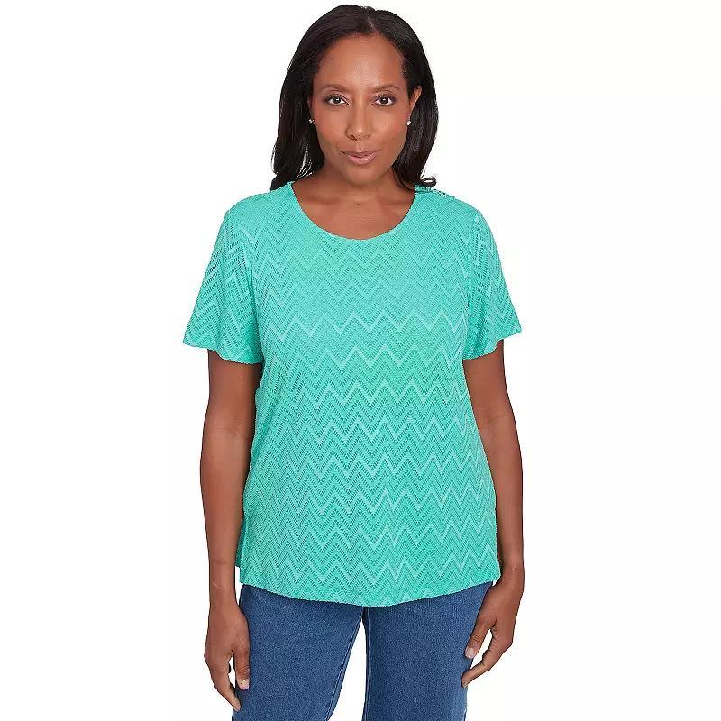 Women's Alfred Dunner Textured Chevron Lace Back Tee, Size: Large, Green Product Image