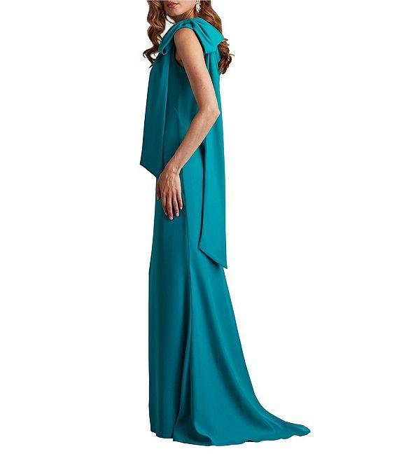 Tadashi Shoji Draped One Shoulder Bow Detail Crepe Sheath Gown Product Image