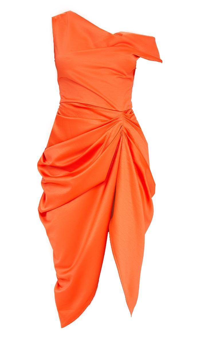 Bright Orange Off The Shoulder Draped Skirt Midi Dress Product Image