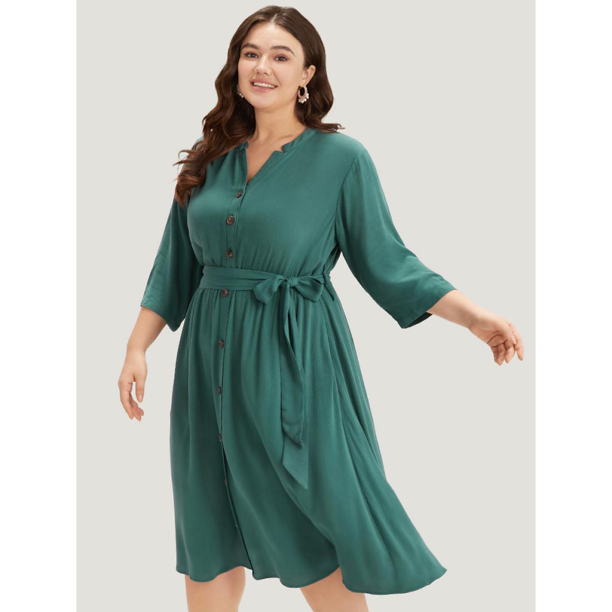 Plus Size Solid Button Detail Pocket Belted Notched Dress Emerald Women Office Plain Notched collar Elbow-length sleeve Curvy Midi Dress BloomChic 18-20/2X Product Image