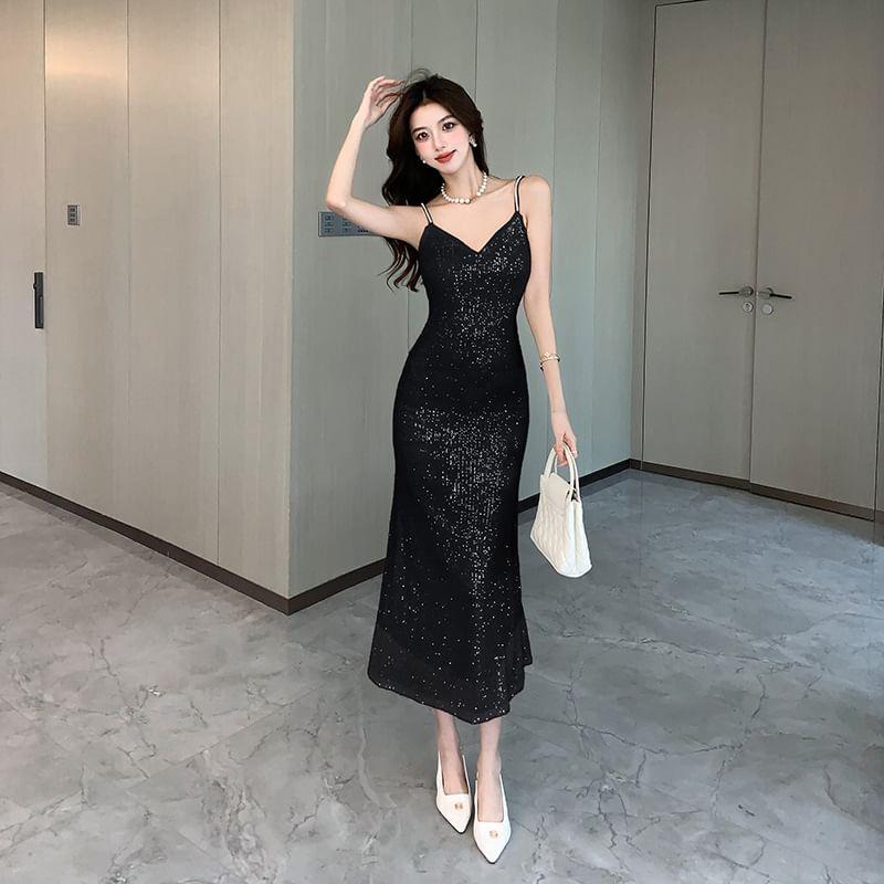 Spaghetti Strap Sequin Midi Sheath Dress Product Image
