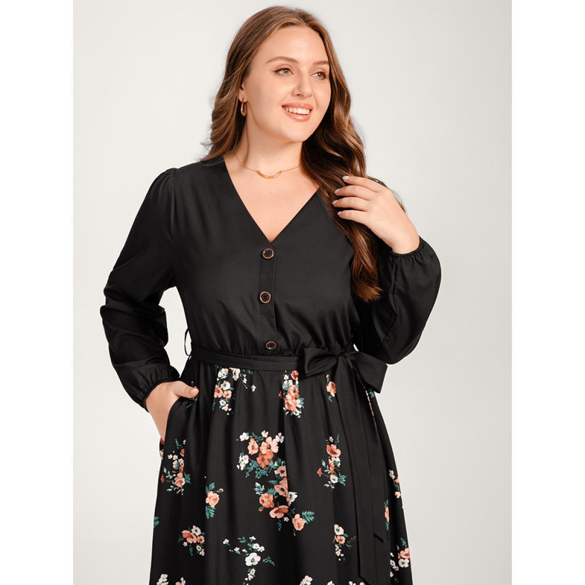 Plus Size Floral Lantern Sleeve Pocket Belted Wrap Flutter Dress Black Women Elegant Belted V-neck Long Sleeve Curvy Midi Dress BloomChic 14-16/1X Product Image
