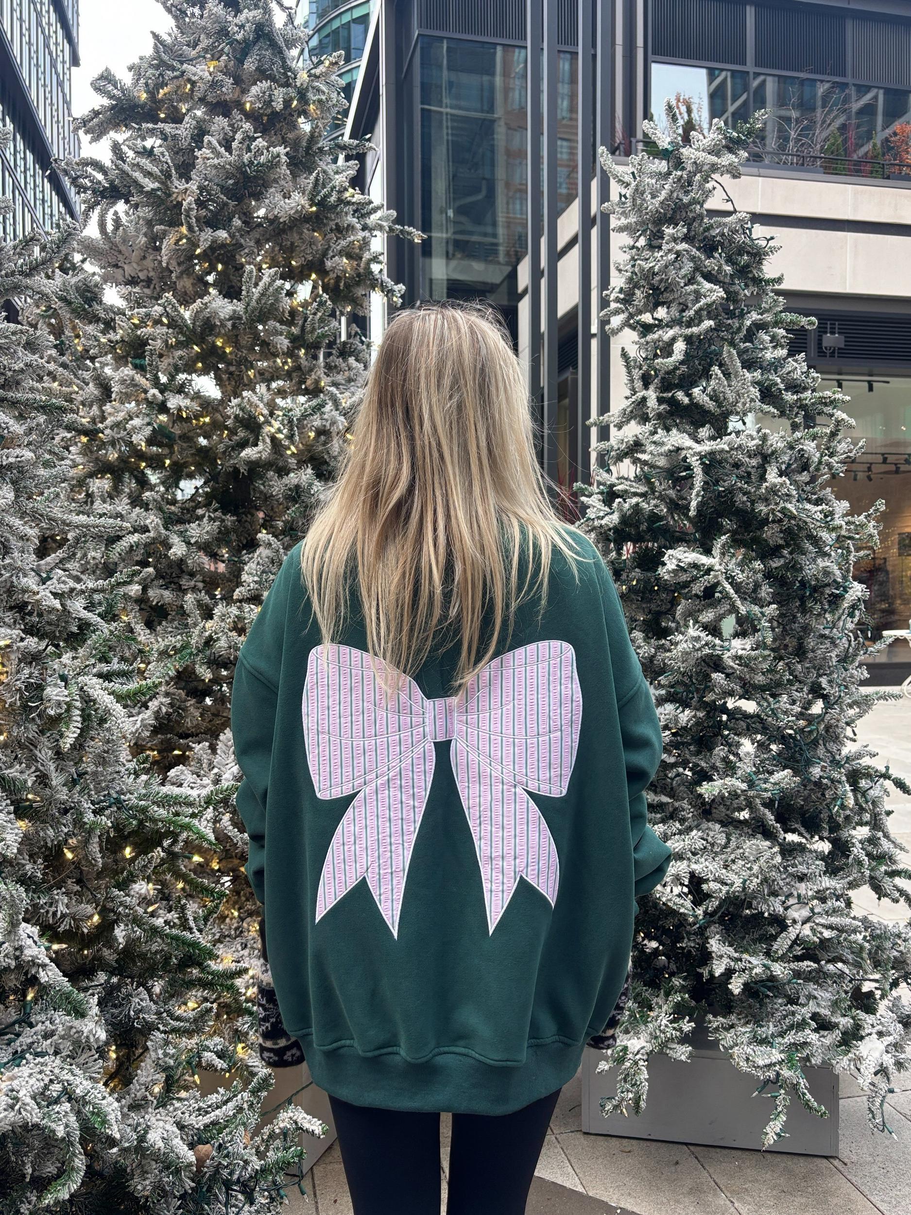Winter Green Stripe Bow Embroider Sweatshirt Product Image