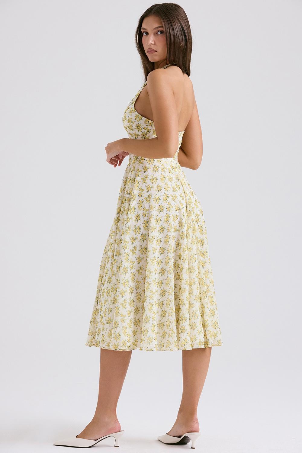 Solada  ivory vintage floral print georgette halter sundress Product Image
