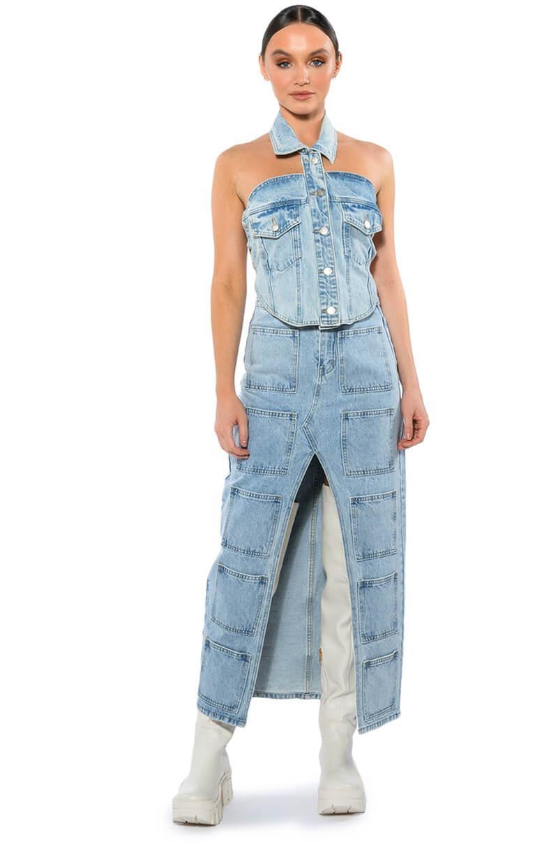 ANGELICA DENIM BUTTON DOWN COLLAR CORSET TOP Product Image