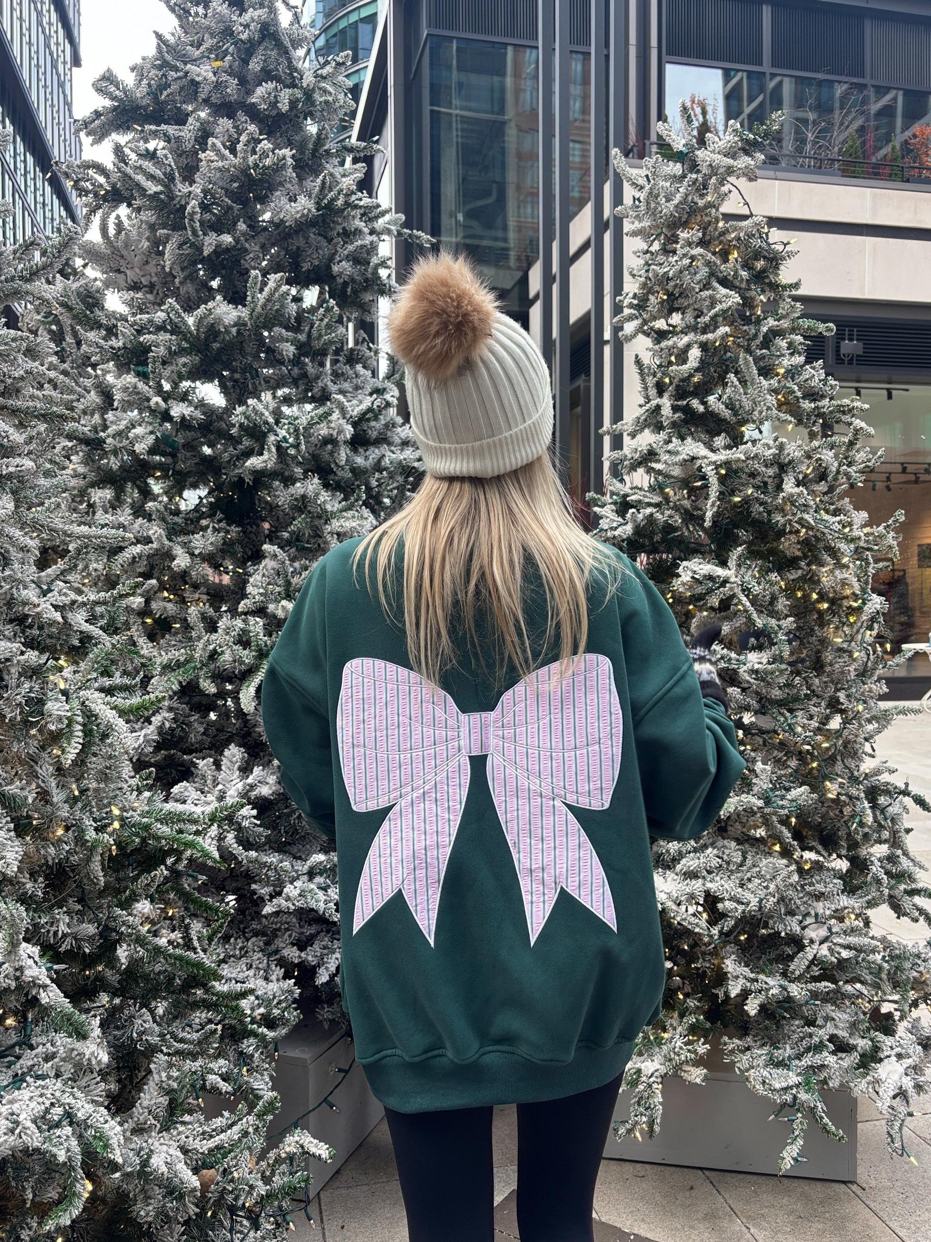 Winter Green Stripe Bow Embroider Sweatshirt Product Image