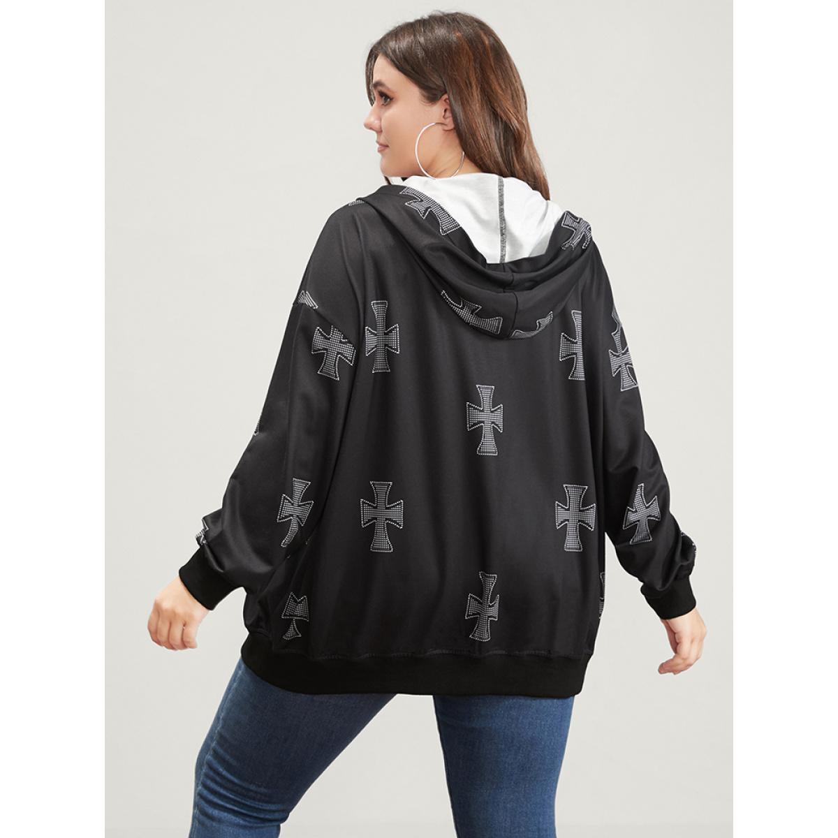 Plus Size Halloween Pocket Zipper Hooded Sweatshirt Women Black Casual Zipper Hooded Dailywear Sweatshirts BloomChic 30/6X Product Image
