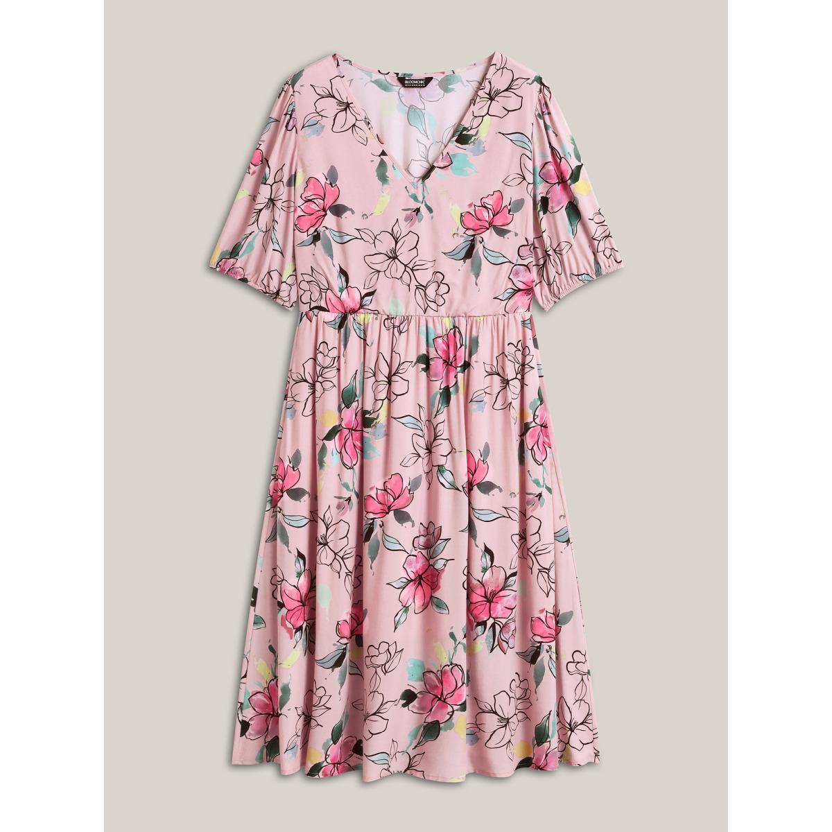 Plus Size Blushing Petals Pockets Cinched-Waist Midi Dress Lightpink Women V-neck Half Sleeve Curvy BloomChic 10/M Product Image