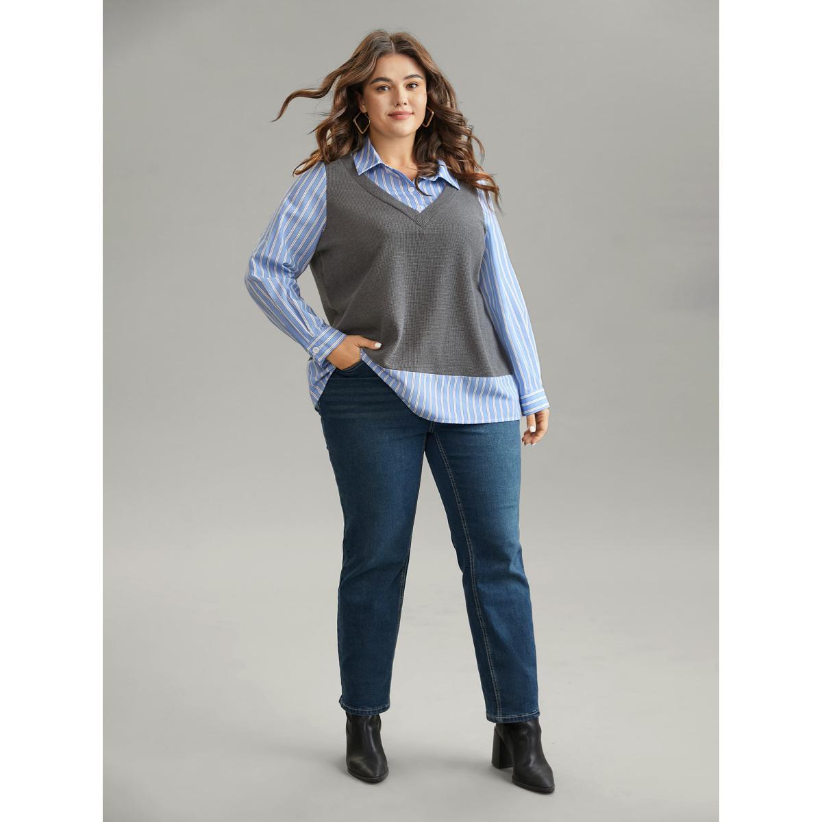 Plus Size 2-In-1 Striped Patchwork Waffle Knit Sweatshirt Women Gray Casual Waffle Knit Shirt collar Dailywear Sweatshirts BloomChic 10/M Product Image