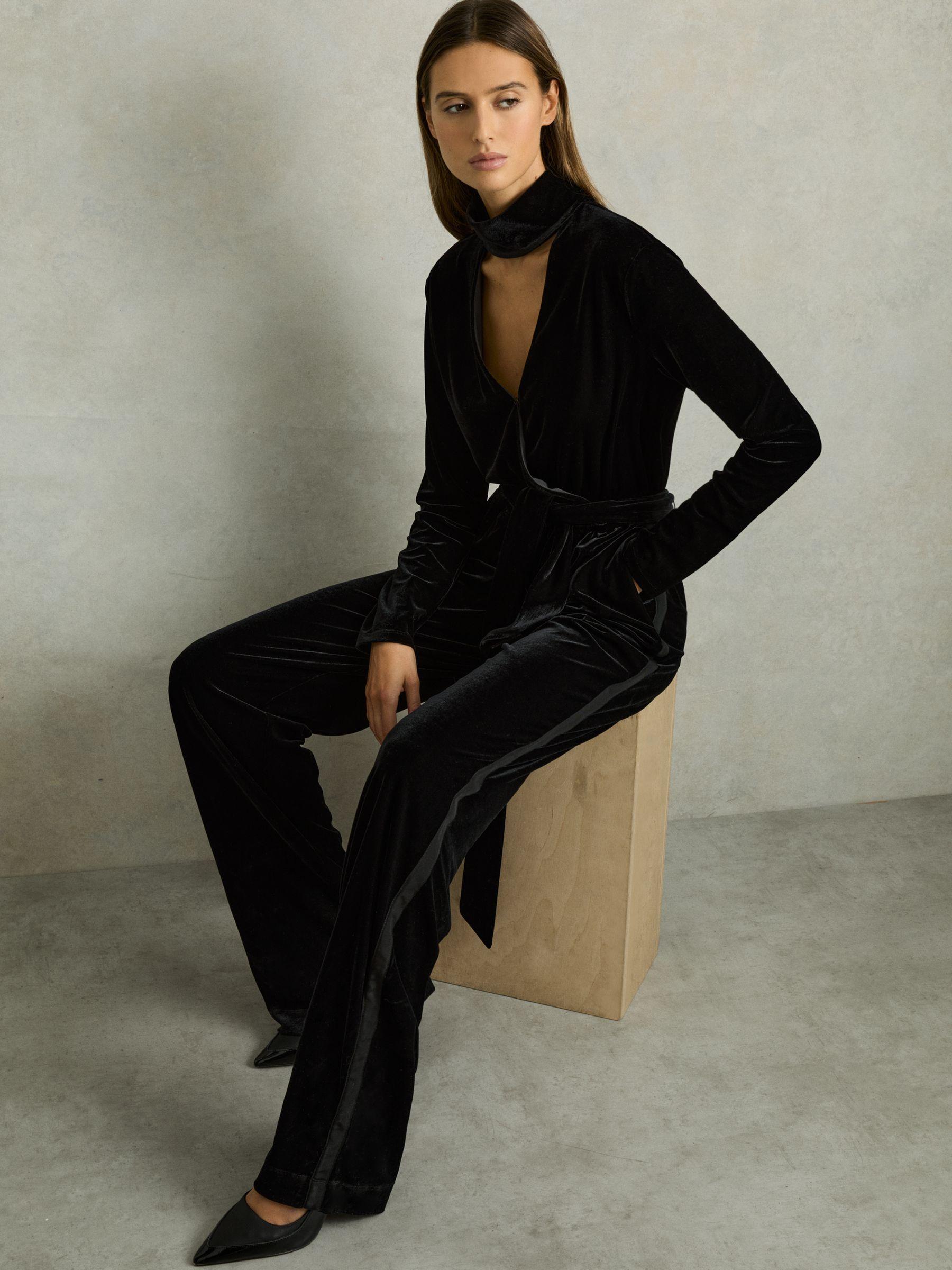 Velvet Belted Wide Leg Jumpsuit in Black Product Image