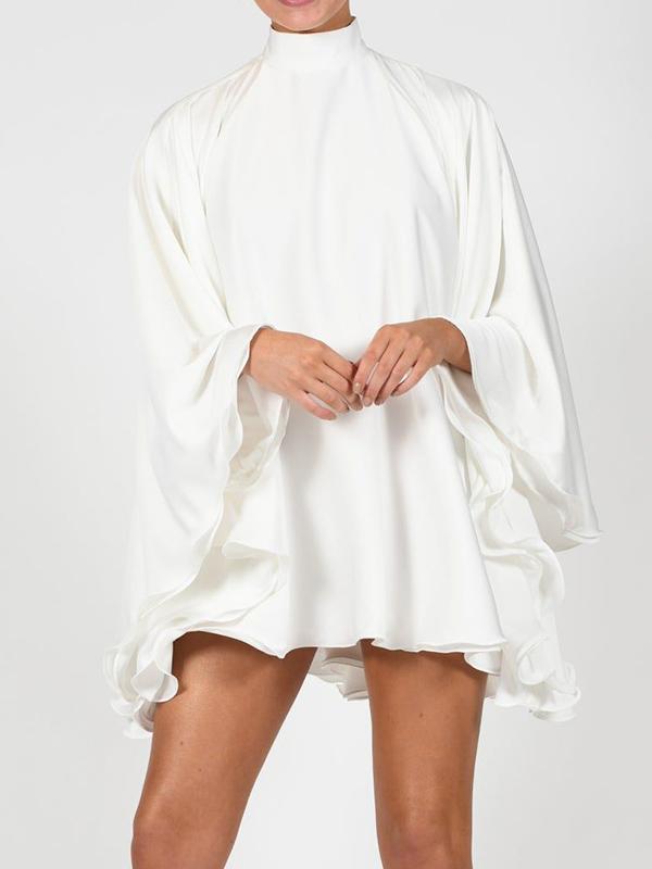 Solid Color High-Neck Backless Flared Sleeves Mini Dress Product Image