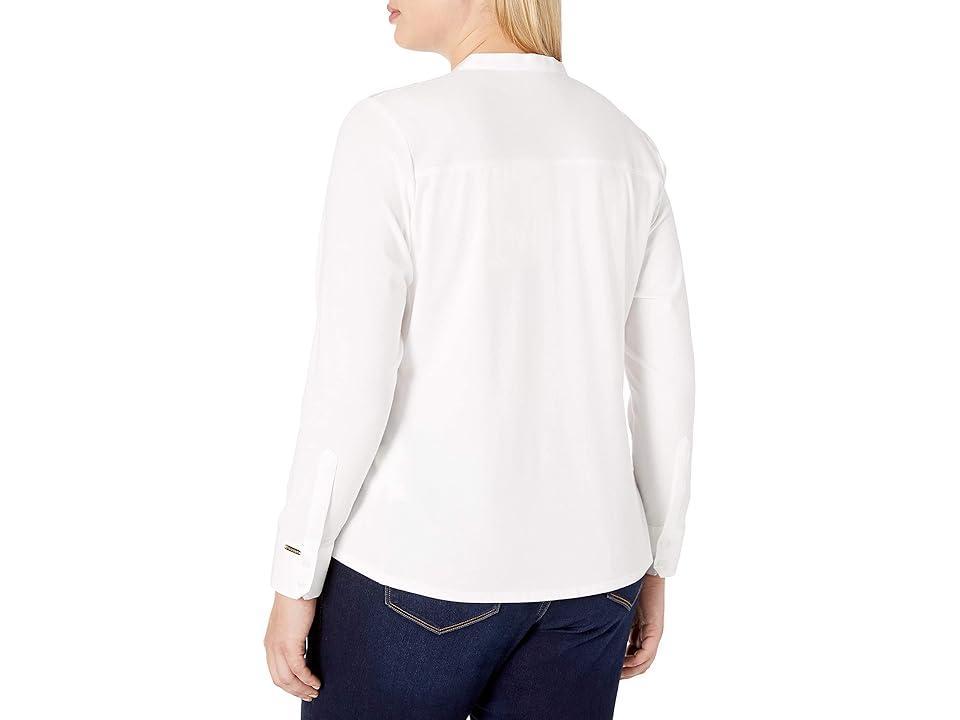Calvin Klein Plus Size Mixed Media Long Sleeve Split Round Neck Button Front Top Product Image