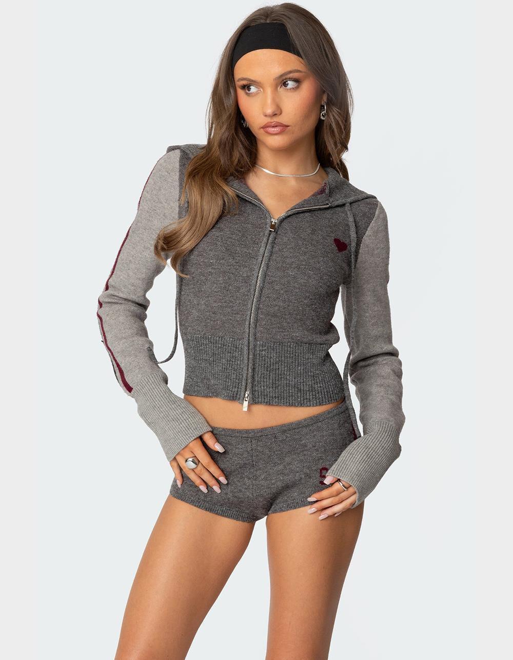 EDIKTED Heart Knit Zip Up Hoodie Product Image