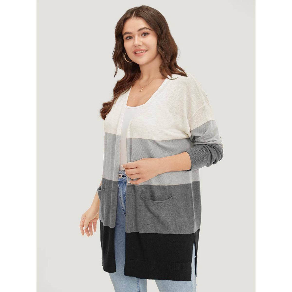 Plus Size Supersoft Essentials Colorblock Contrast Pocket Split Side Cardigan DarkGray Women Casual Loose Long Sleeve Everyday Cardigans BloomChic 12/L Product Image