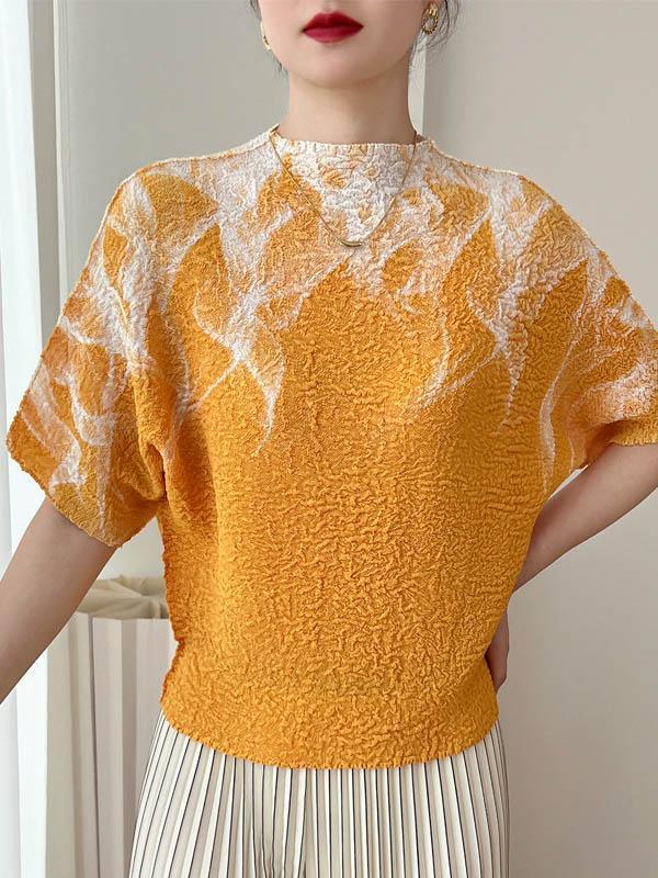 Loose Short Sleeves Contrast Color Pleated Printed Mock Neck T-Shirts Tops Product Image