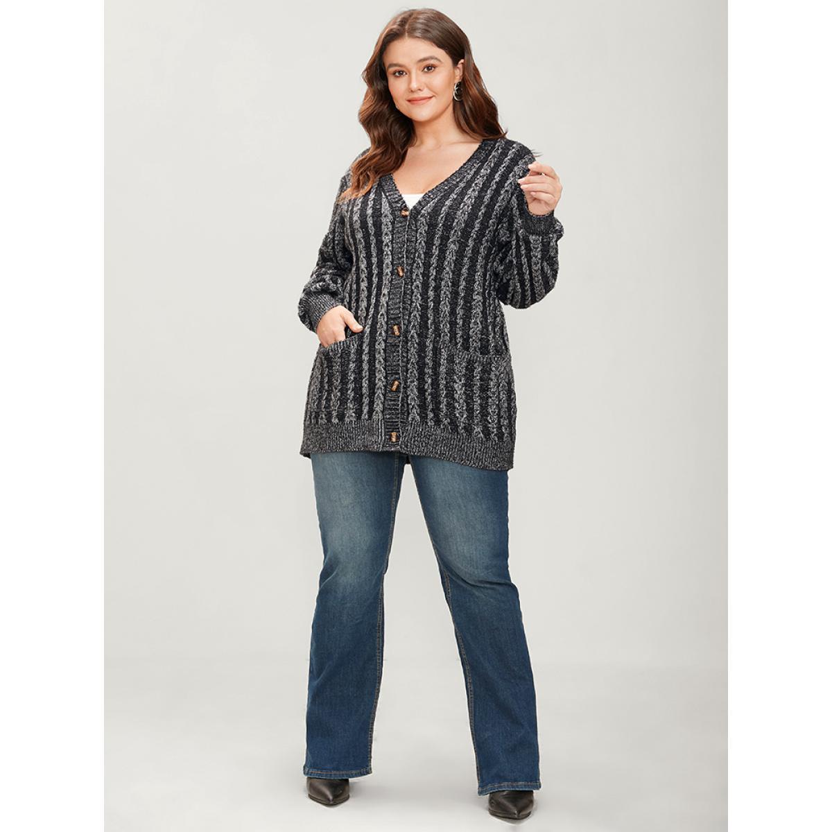 Plus Size Striped Contrast Pointelle Knit Pocket Button Front Heather Cardigan DimGray Women Casual Loose Long Sleeve Everyday Cardigans BloomChic 10/M Product Image