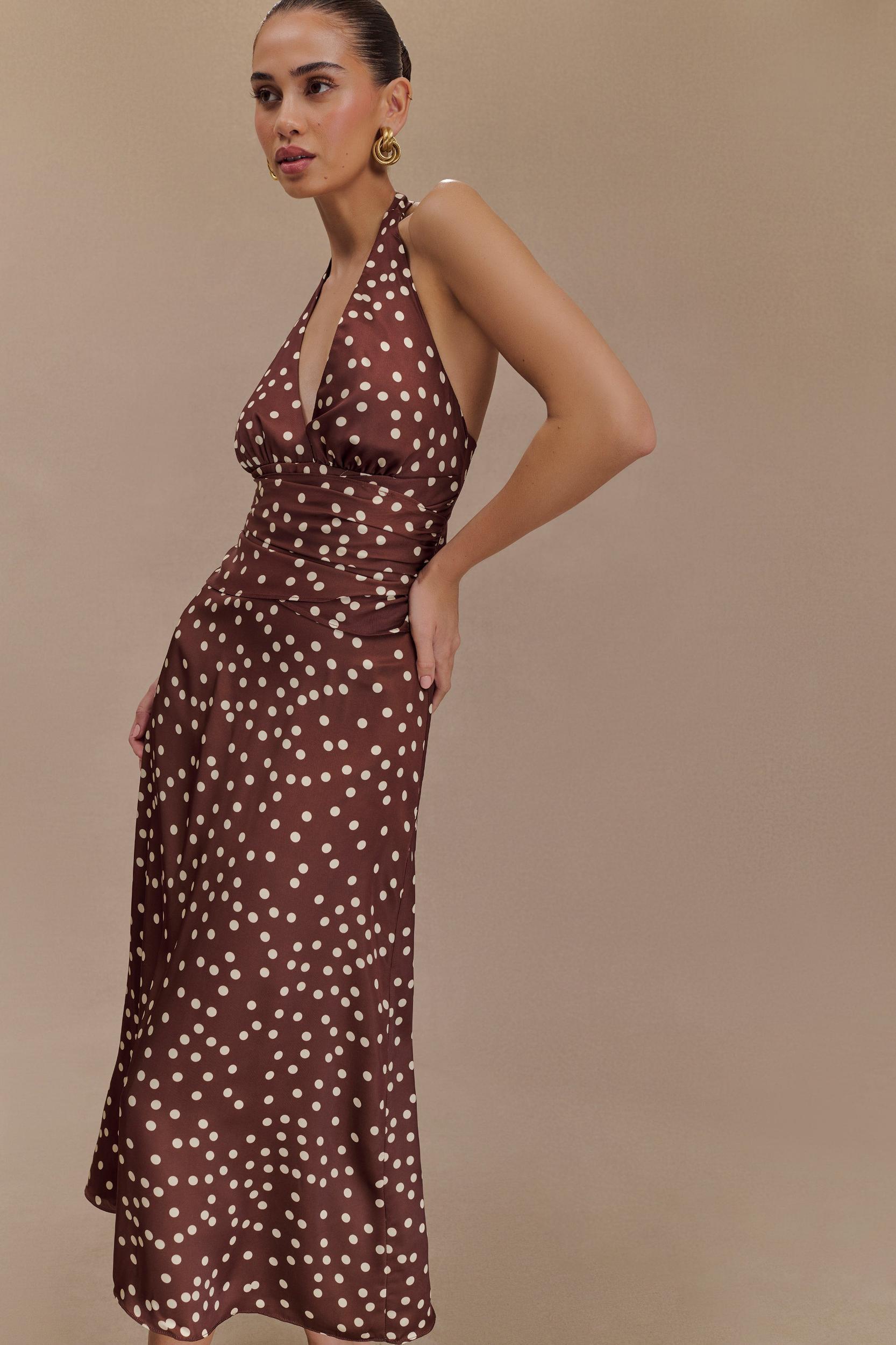 Marguerite Satin Halter Midi Dress - Brown Polka Dot Print Product Image