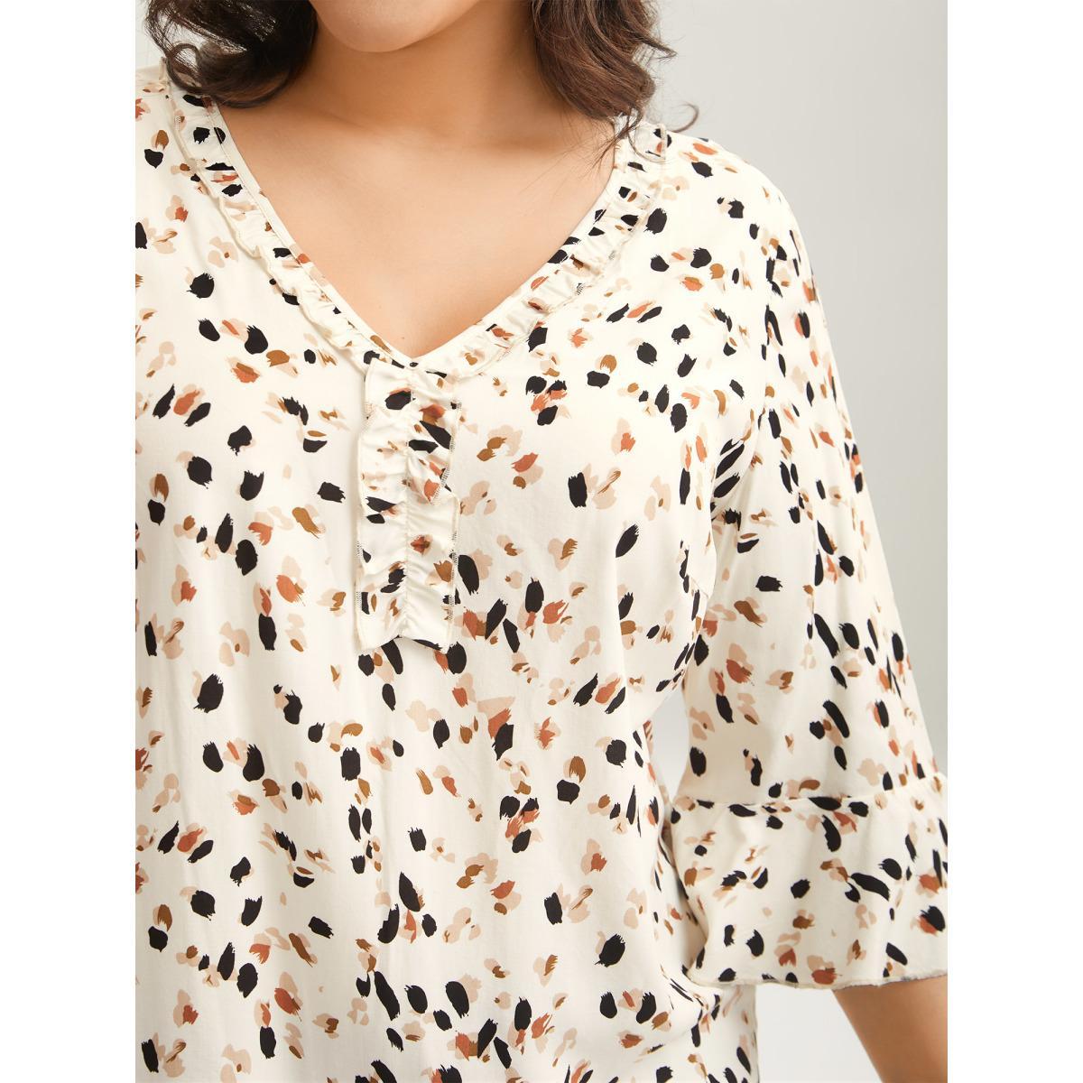 Plus Size Ivory Leopard Print Ruffled Detail Shirt Women Elegant Elbow-length sleeve V-neck Everyday Blouses BloomChic 14-16/1X Product Image