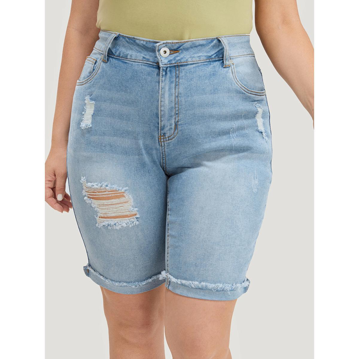 Plus Size Moderately Stretchy High Rise Light Wash Distressed Denim Shorts Women LightBlue Casual Plain Medium stretch Pocket Jeans BloomChic 16/1X Product Image