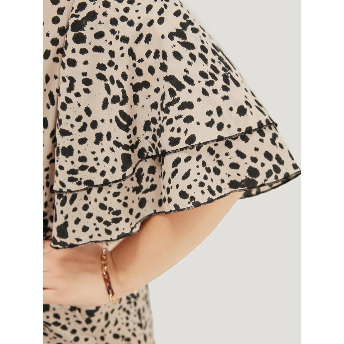 Plus Size Apricot Allover Print Ruffle Layered Sleeve Pocket Belted Jumpsuit Women Office Short sleeve V-neck Work Loose Jumpsuits BloomChic 22-24/3X Product Image