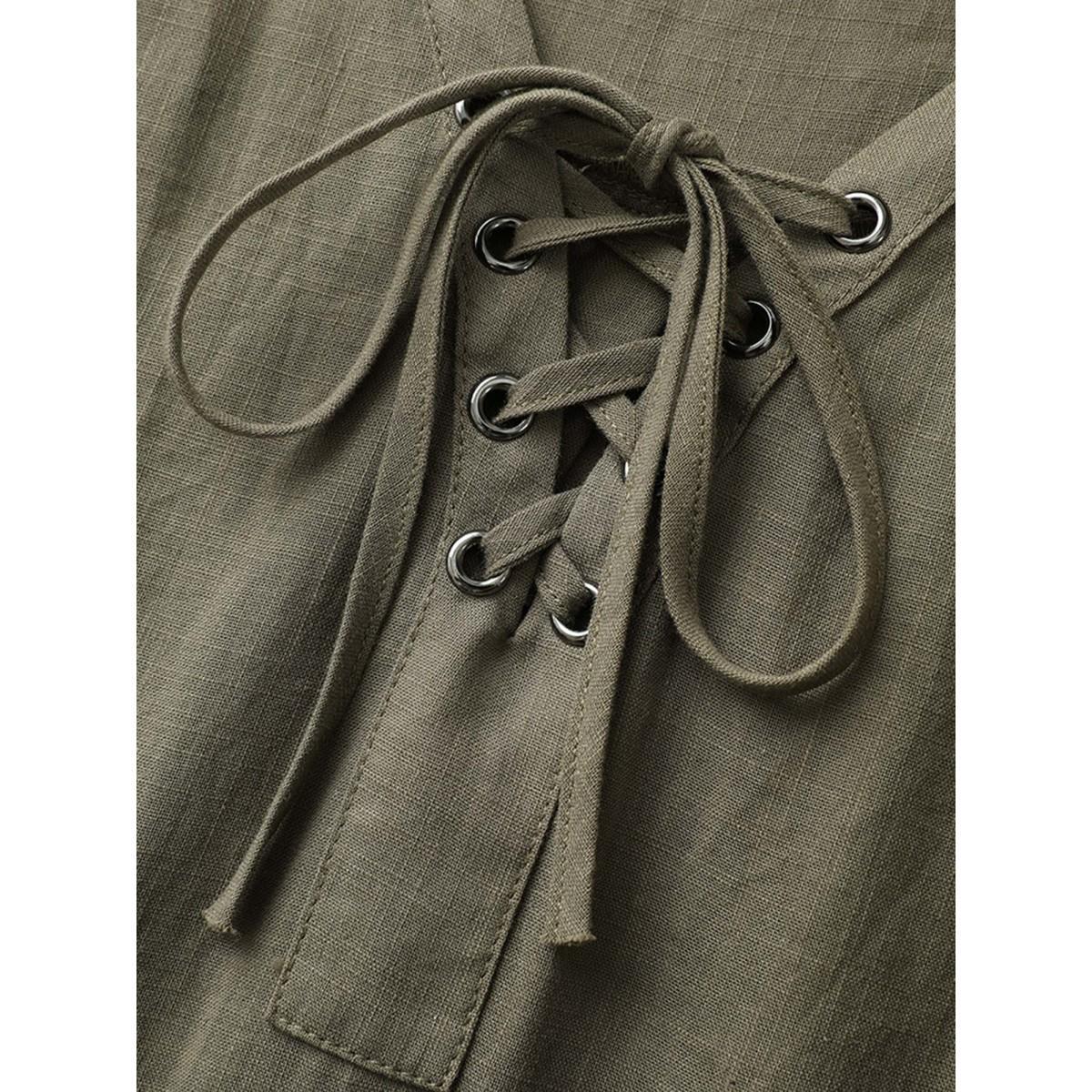 Plus Size ArmyGreen Solid Cross Straps Pleated Blouse Women Elegant Long Sleeve V-neck Everyday Blouses BloomChic 22-24/3X Product Image