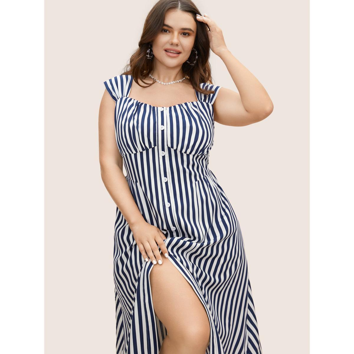 Plus Size Striped Button Detail Split Front Midi Dress Indigo Women Elegant Gathered Heart neckline Sleeveless Curvy BloomChic 22-24/3X Product Image