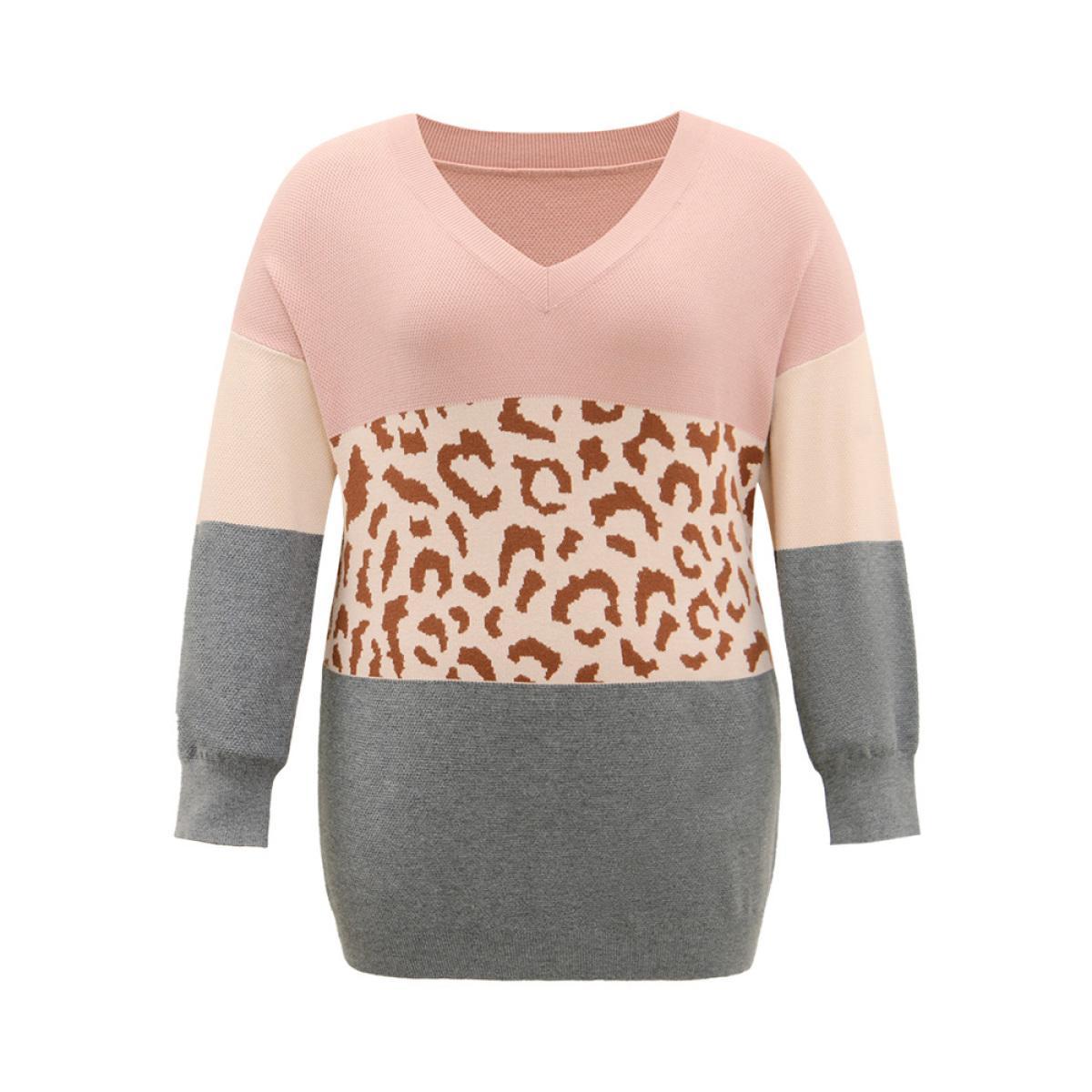 Plus Size Leopard Contrast Patchwork Batwing Sleeve Pullover Multicolor Women Casual Loose Long Sleeve V-neck Dailywear Pullovers BloomChic 12/L Product Image