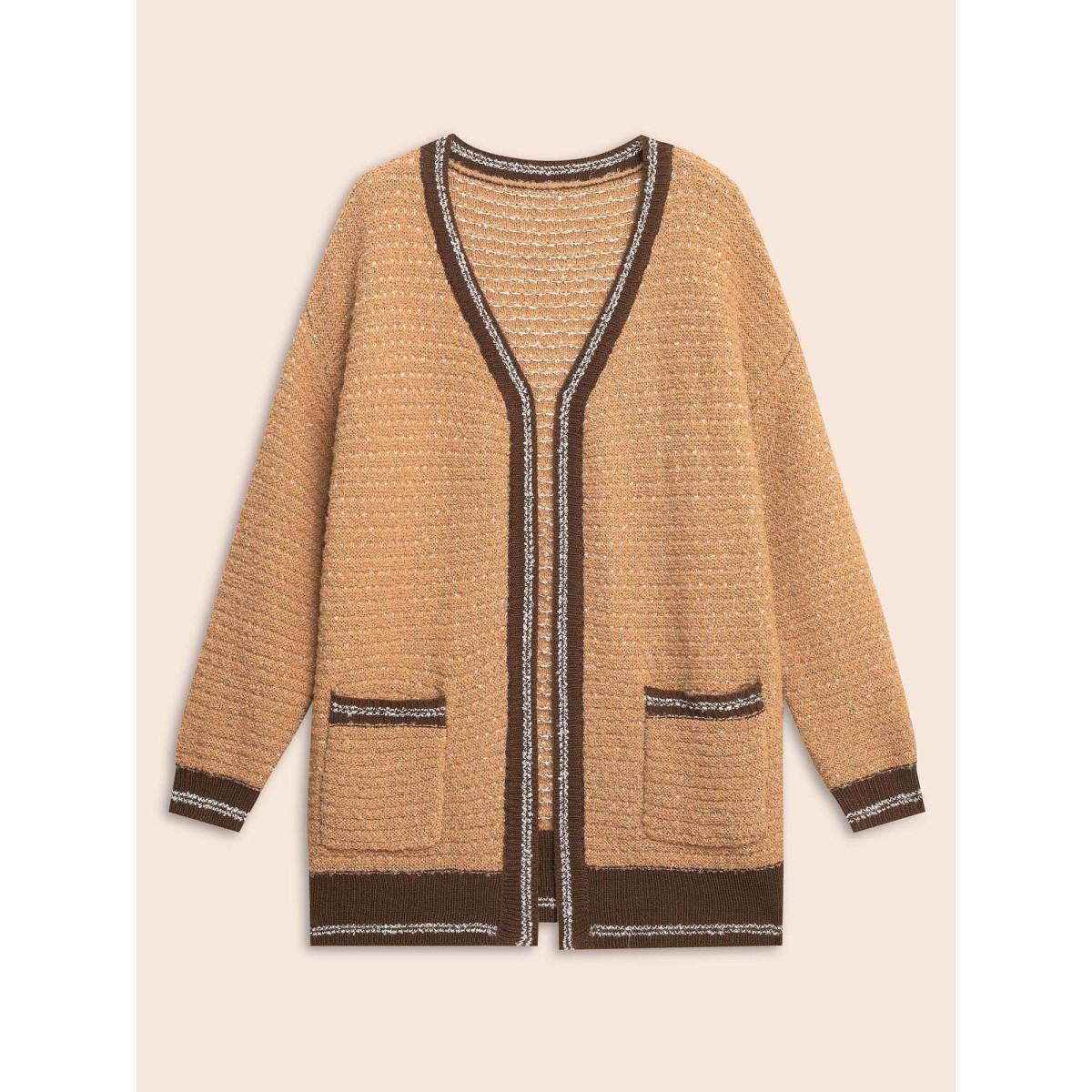 Plus Size Texture Contrast Drop Shoulder Sleeve Cardigan LightBrown Women Casual Loose Long Sleeve Everyday Cardigans BloomChic 14-16/1X Product Image