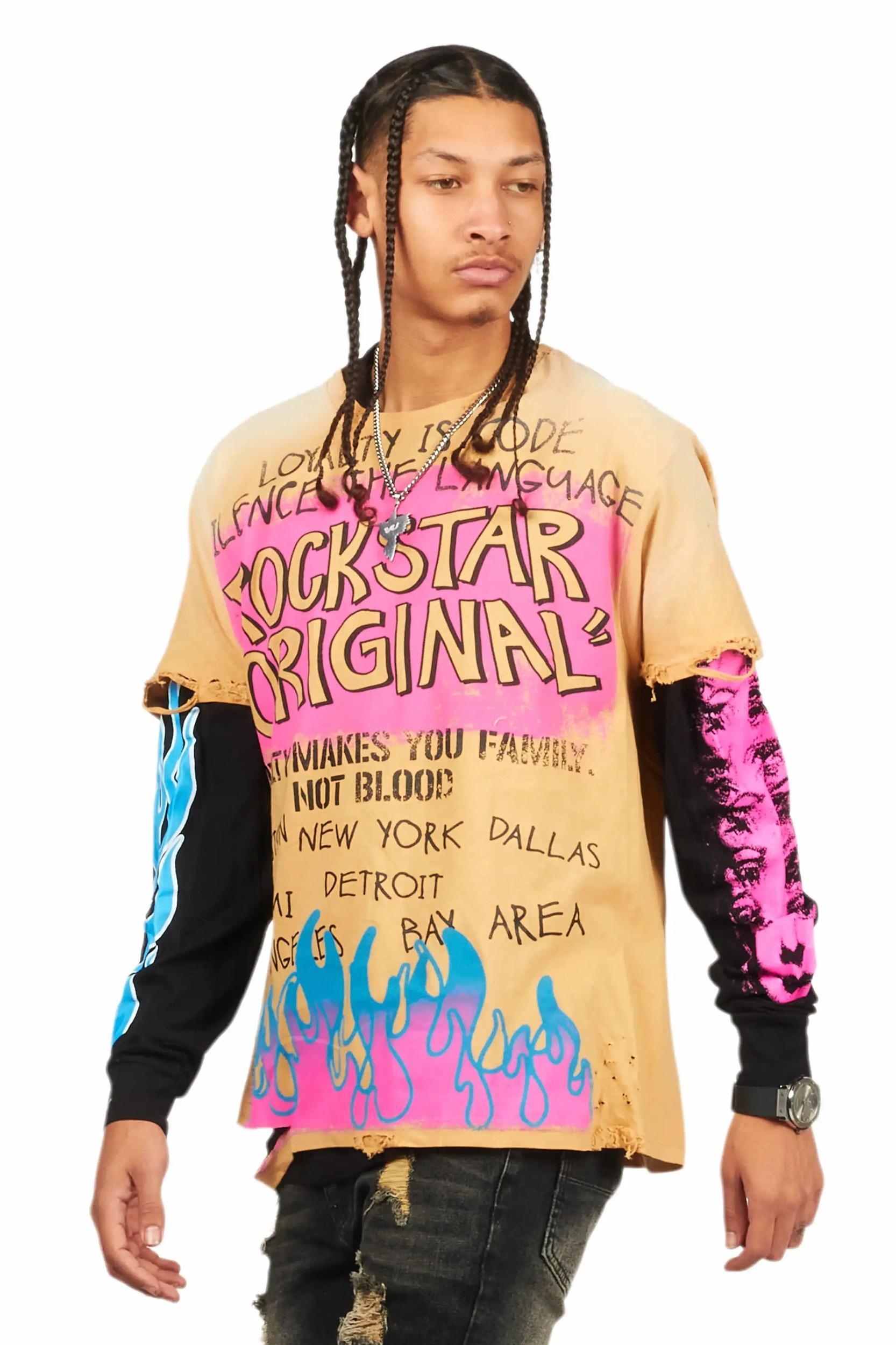 Beno Beige/Black Double Layer Long Sleeve Graphic T-Shirt Male Product Image