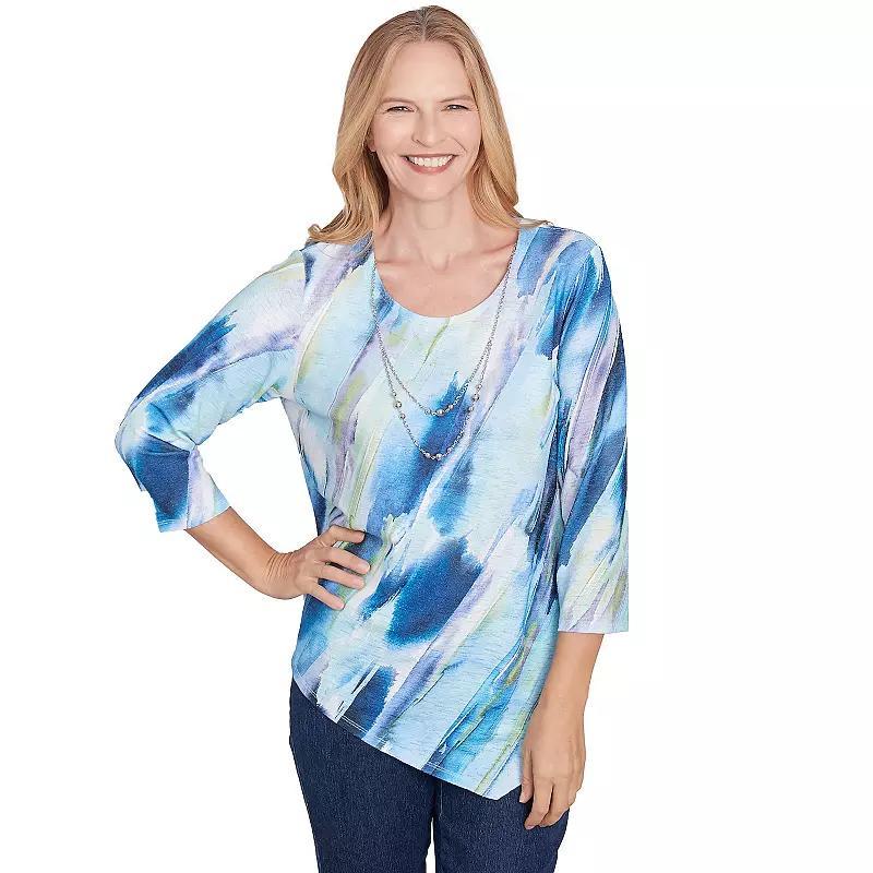 Women's Alfred Dunner Diagonal Brushstroke Top with Necklace, Size: Large, Multi Blue Product Image