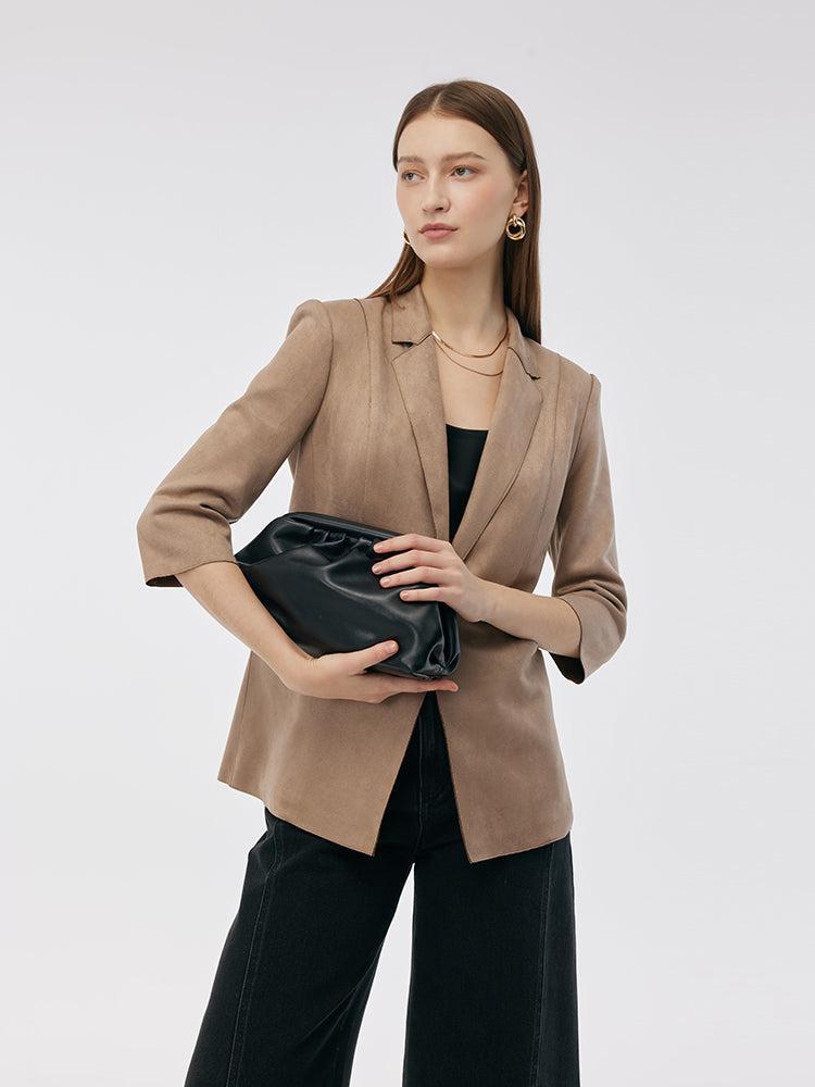 Faux Suede One Button 3/4 Sleeve Women Blazer Product Image