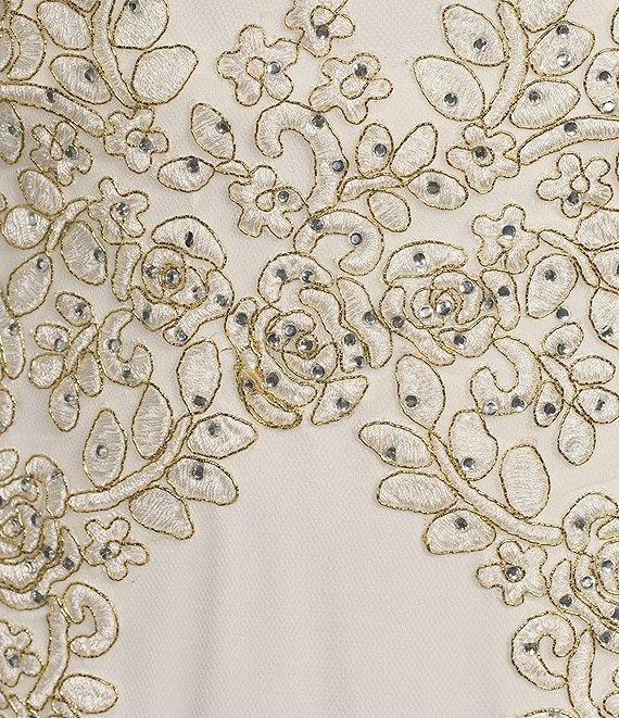 Blondie Nites Mesh Illusion Applique Scoop Neck Spaghetti Strap Tie Back Gown Product Image