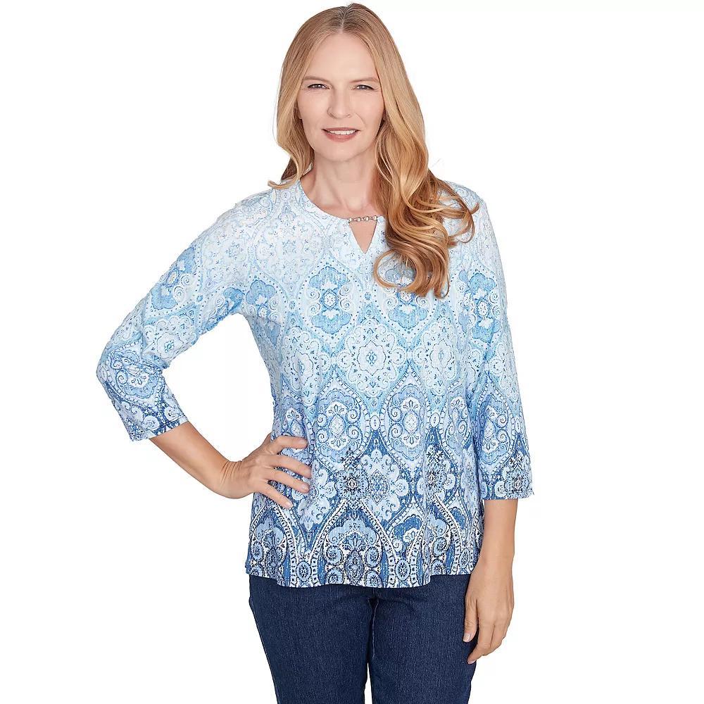 Women's Alfred Dunner Split Beaded Neck Ombre Medallion Top, Size: Medium, Blue Product Image