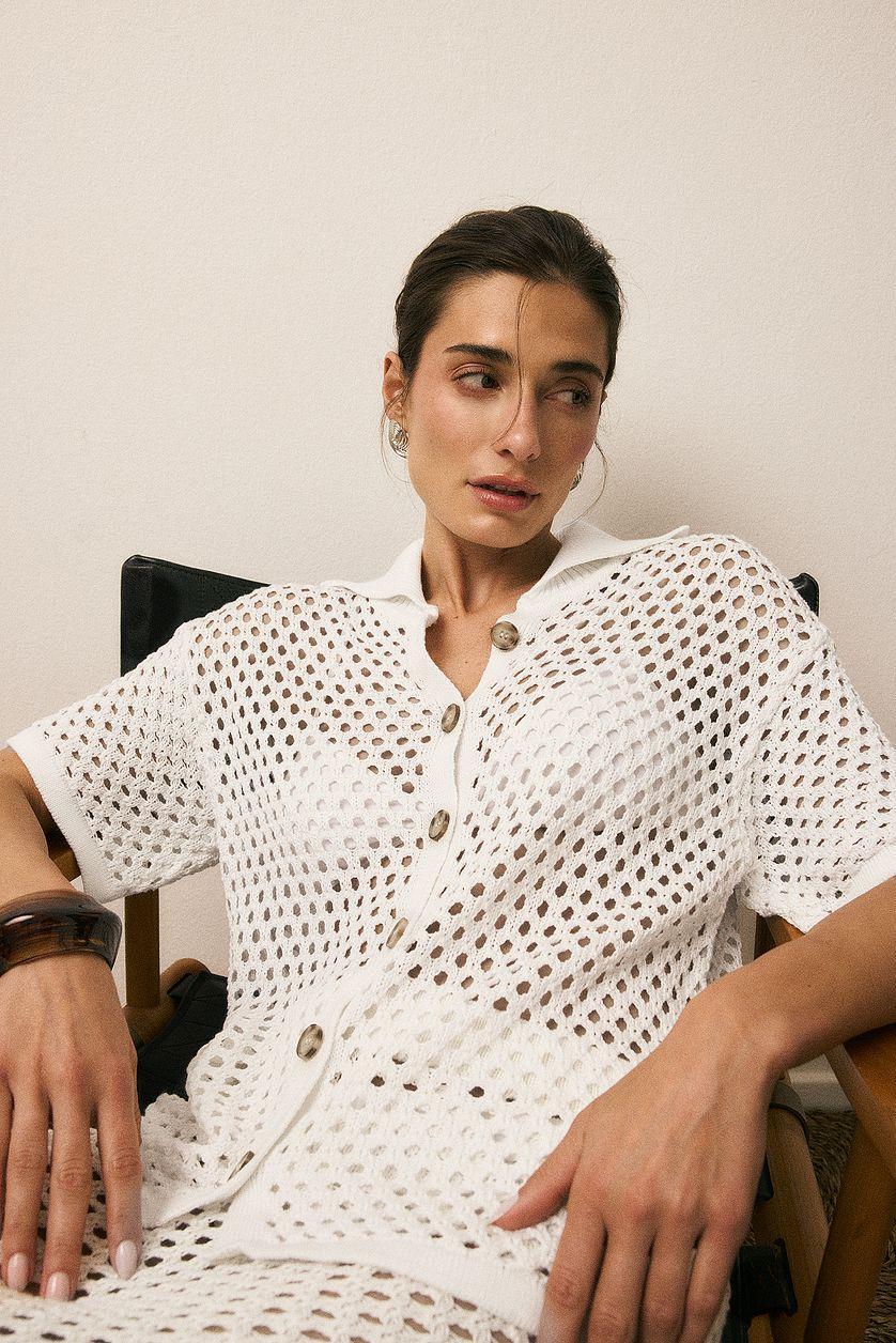 Hole Knitted Buttoned Short Sleeve Sweater Product Image