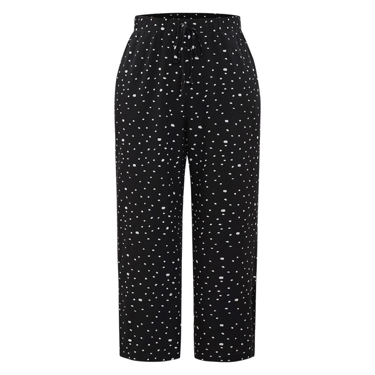 Plus Size Polka Dot Drawstring Pocket Split Hem Pants Women Black Elegant High Rise Dailywear Pants BloomChic 28/5X Product Image