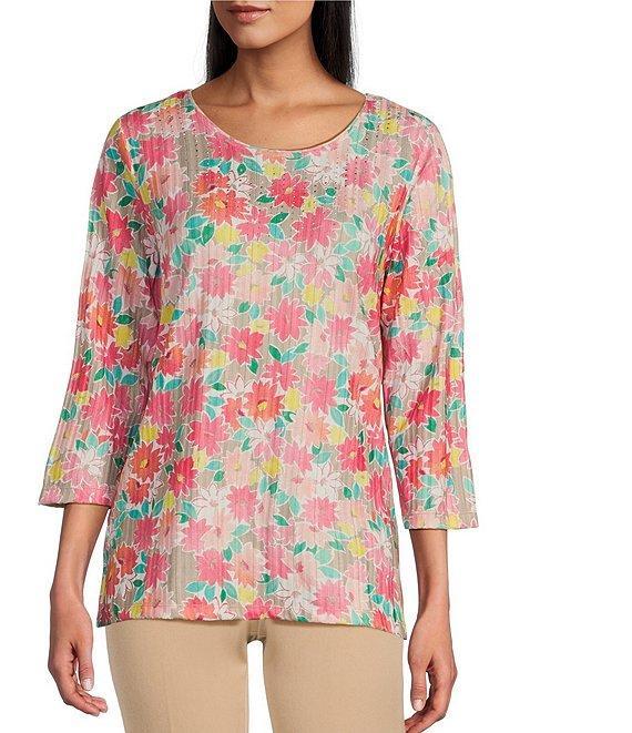 Allison Daley Embellished Cheerful Daisy Print 3/4 Sleeve Crew Neck Knit Top Product Image