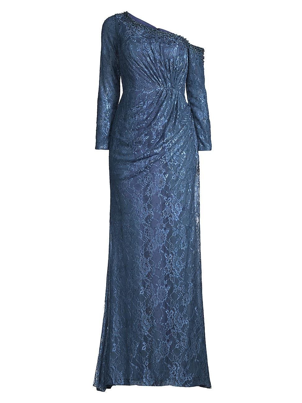 Womens Asymmetric Embellished Lace Sleeve Gown Product Image