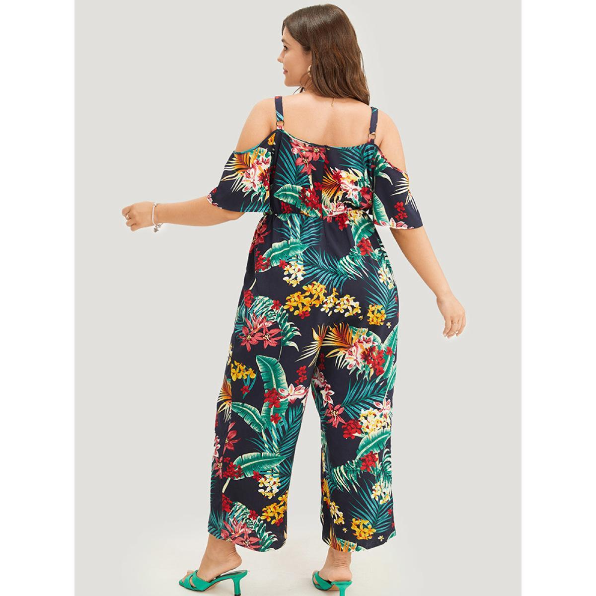 Plus Size Navy Tropical Print Pocket Cold Shoulder Jumpsuit Women Vacation Short sleeve Cold Shoulder Dailywear Loose Jumpsuits BloomChic 10/M Product Image