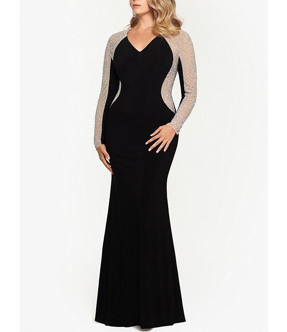 Xscape Plus Size Long Sleeve V-Neck Crystal Beaded Gown Product Image