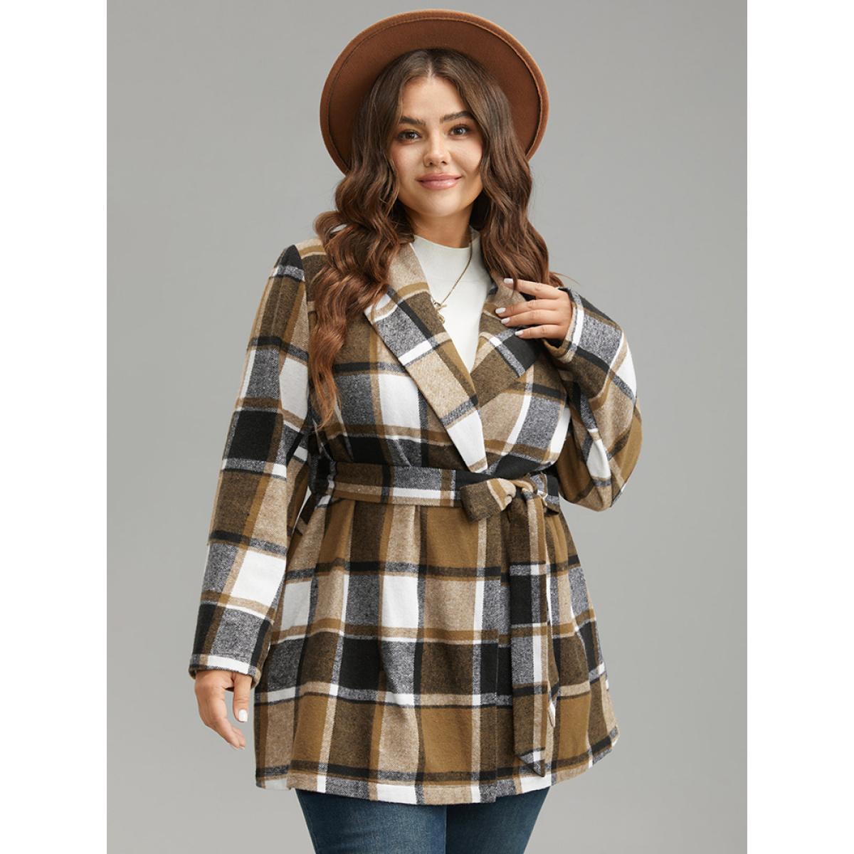 Plus Size Plaid Contrast Belted Lapel Collar Coat Women Tan Casual Belted Ladies Dailywear Winter Coats BloomChic 10/M Product Image