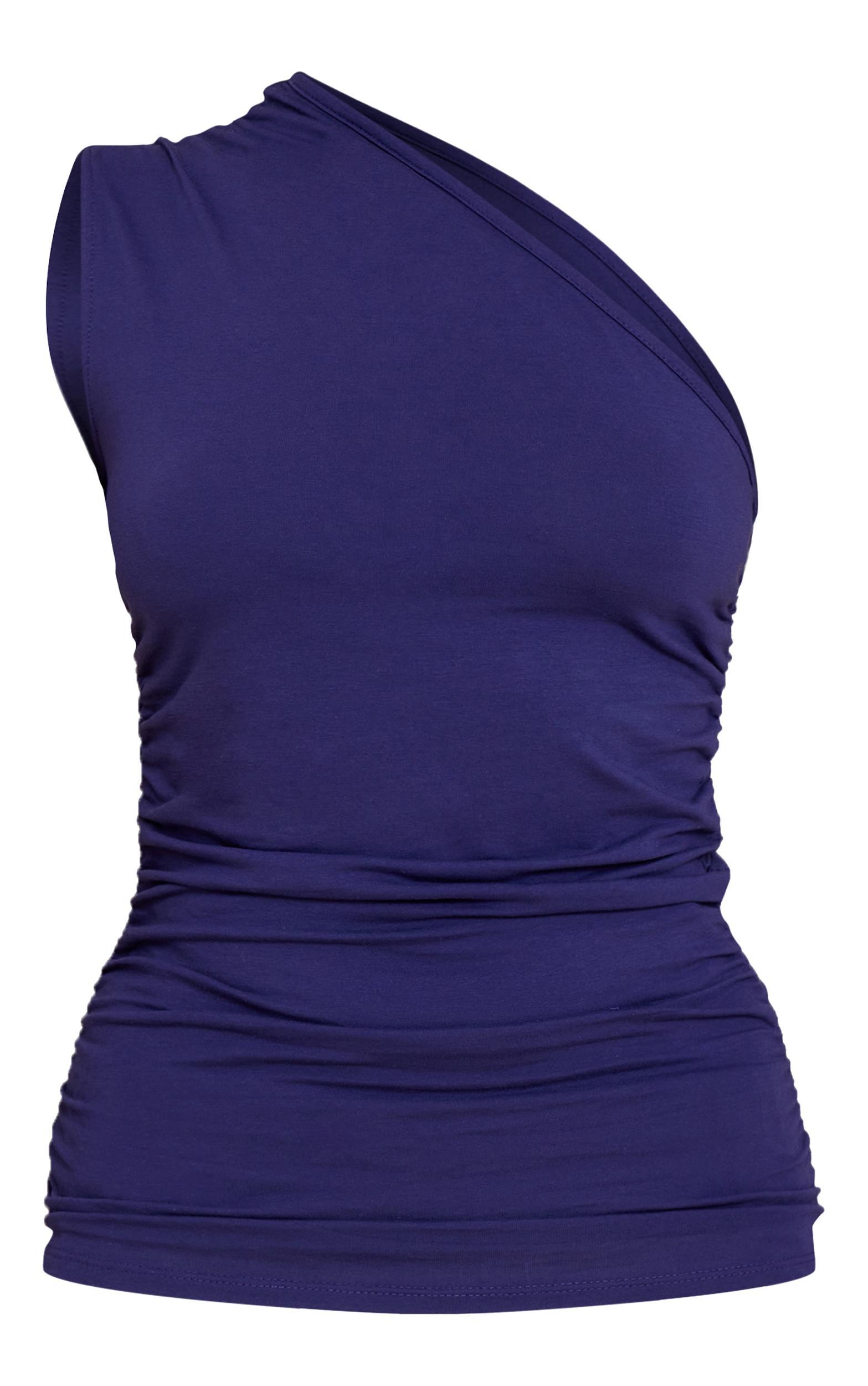 Navy Asymmetric Ruched Sleeveless Long Top Product Image