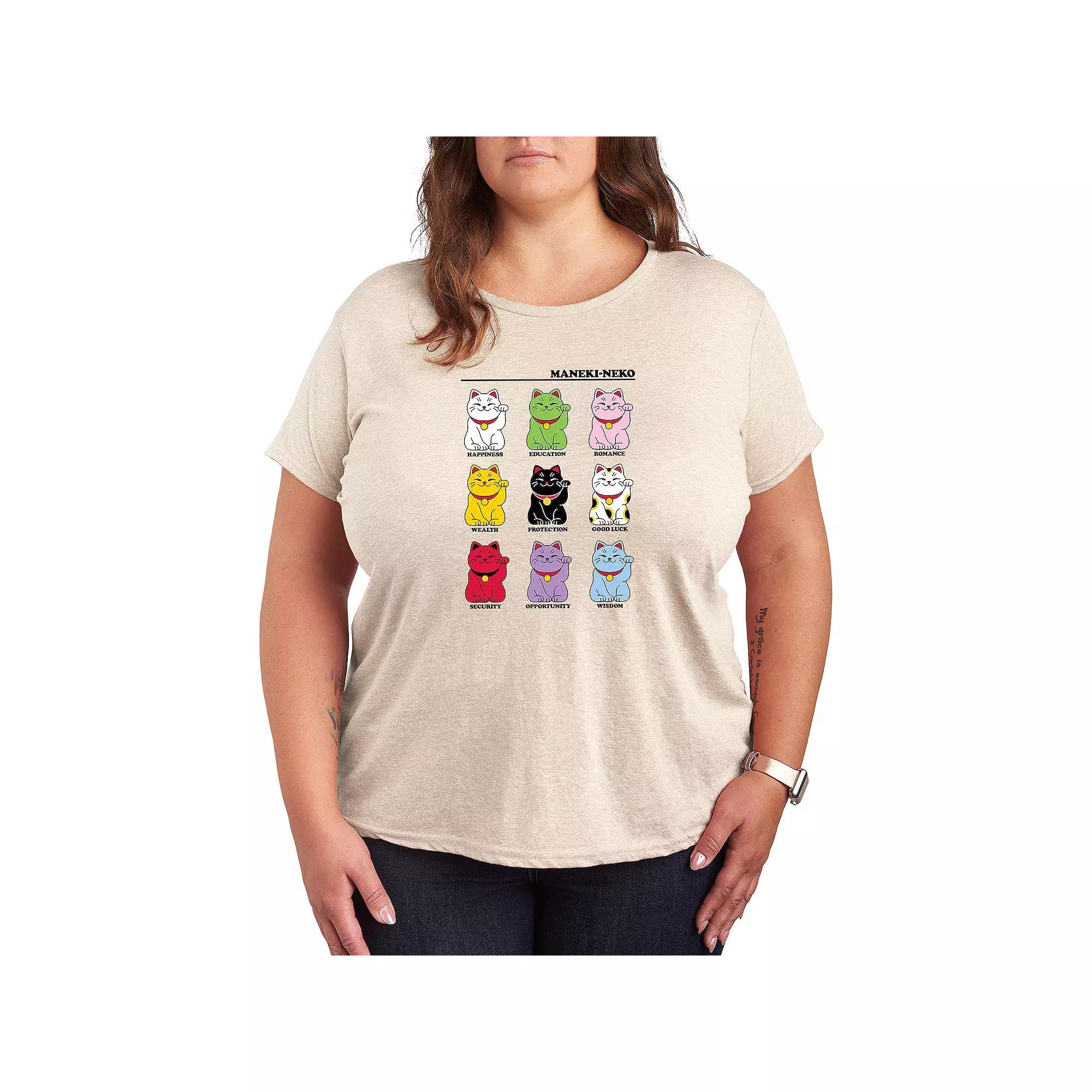 Plus Lucky Cat Grid Graphic Tee, Womens Grey Gray Product Image